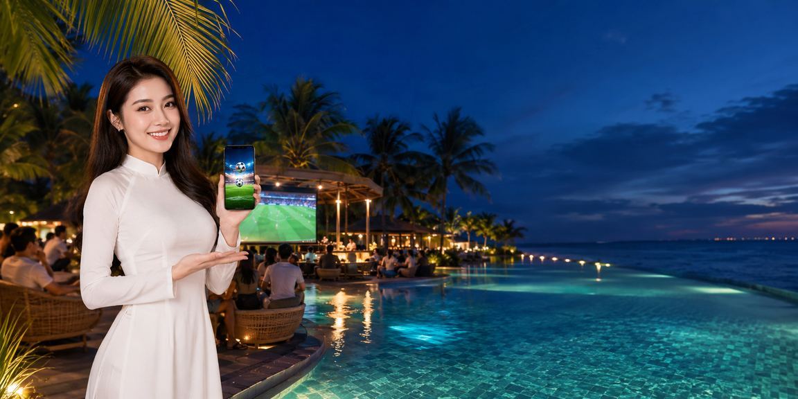 Người phụ nữ mặc áo dài tại Mũi Né xem thông tin Voucher bóng đá trên điện thoại e10